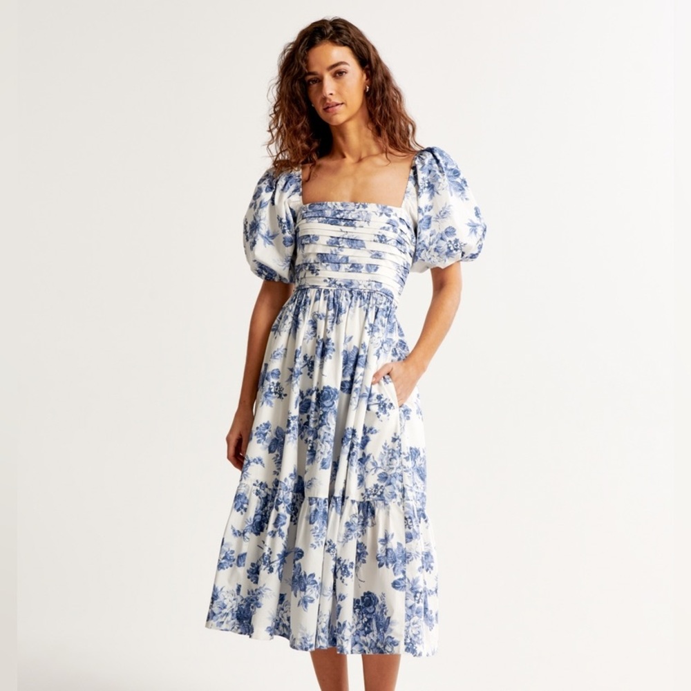 Abercrombie Emerson Poplin Puff Sleeve Midi Dress Size S in Blue Floral